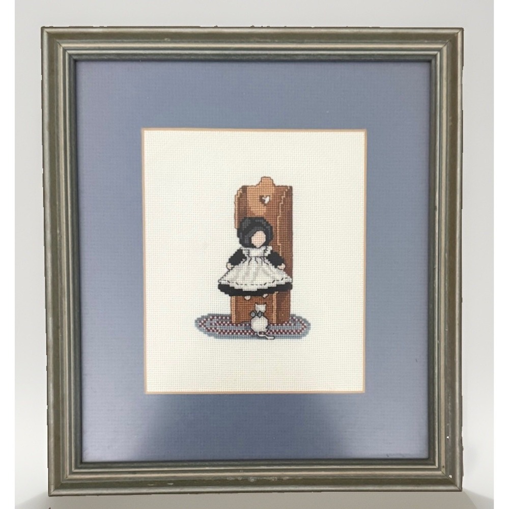 Vintage Handmade Cross Stitch Amish Girl & Cat Framed 9" X 11"
